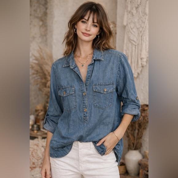 Bella Dahl Tops - Bella Dahl Chambray Popover Shirt Blue Tencel Half Button Top Pockets Women M